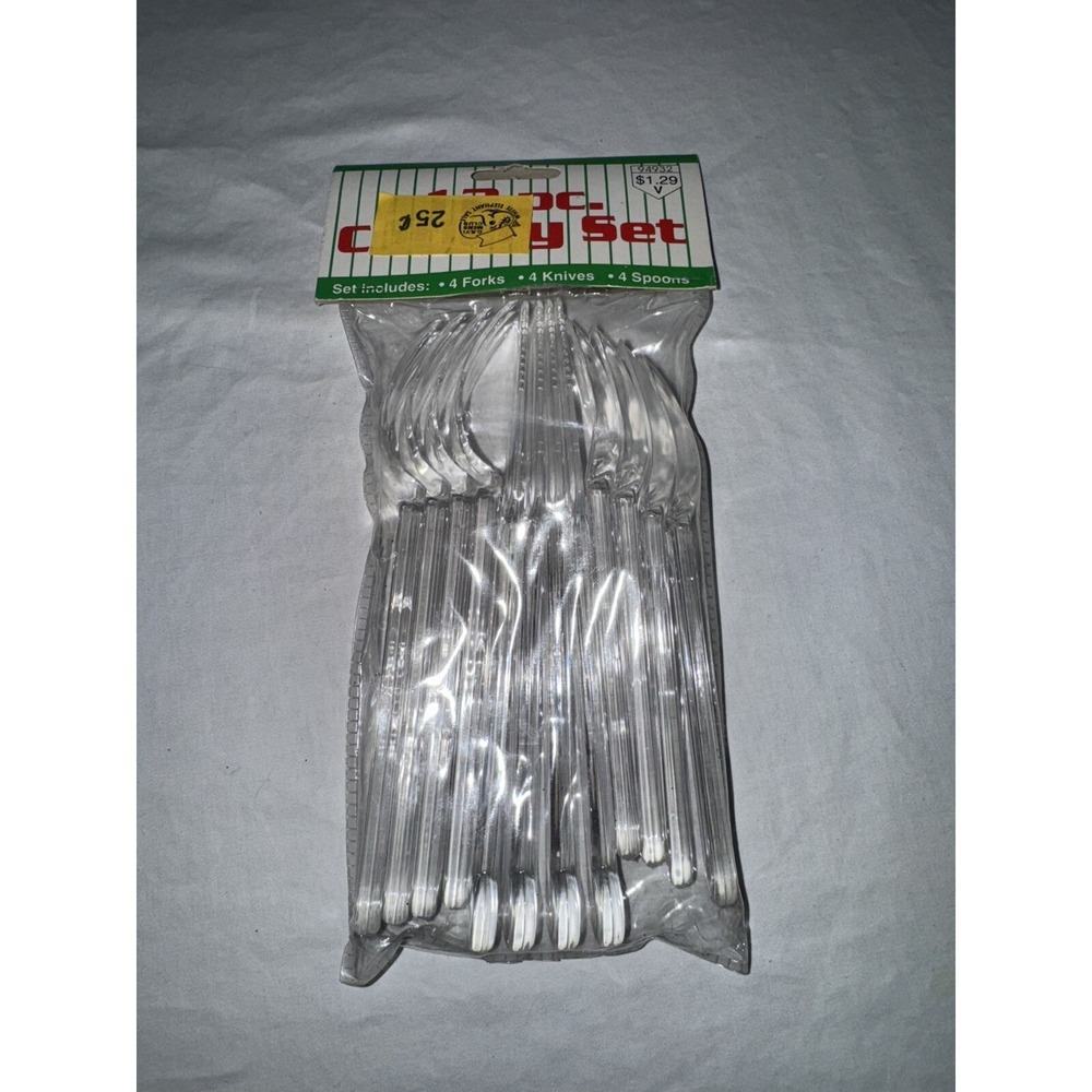 Vintage Clear Plastic Cutlery Set 12 Pieces Forks Spoons Knifes Heavy Duty
